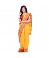 dB DESH BIDESH Women`s Traditional Bengal Tant Pure Handloom Cotton Saree Patabahar Design Without Blouse Piece Deep Yellow