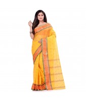 dB DESH BIDESH Women`s Traditional Bengal Tant Pure Handloom Cotton Saree Patabahar Design Without Blouse Piece Deep Yellow