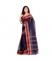 dB DESH BIDESH Women`s Traditional Bengal Tant Pure Handloom Cotton Saree Patabahar Design Without Blouse Piece navy Blue Red