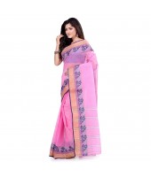 Women`s Traditional Bengal Tant Pure Handloom Cotton Saree PushpoLata Woven Design Without Blouse Piece Pink