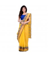 Women`s Traditional Bengal Tant Pure Handloom Cotton Saree PushpoLata Woven Design Without Blouse Piece Deep Yellow