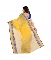 Women`s Traditional Bengal Tant Pure Handloom Cotton Saree PushpoLata Woven Design Without Blouse Piece Deep Yellow