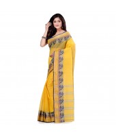 Women`s Traditional Bengal Tant Pure Handloom Cotton Saree PushpoLata Woven Design Without Blouse Piece Deep Yellow