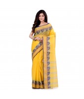 Women`s Traditional Bengal Tant Pure Handloom Cotton Saree PushpoLata Woven Design Without Blouse Piece Deep Yellow