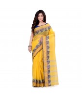 Women`s Traditional Bengal Tant Pure Handloom Cotton Saree PushpoLata Woven Design Without Blouse Piece Deep Yellow