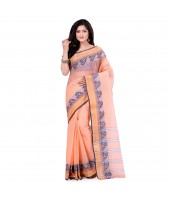 Women`s Traditional Bengal Tant Pure Handloom Cotton Saree PushpoLata Woven Design Without Blouse Piece Light Orange