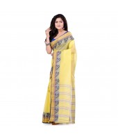 Women`s Traditional Bengal Tant Pure Handloom Cotton Saree PushpoLata Woven Design Without Blouse Piece Light Yellow