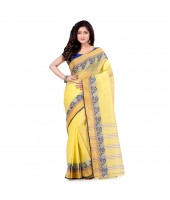 Women`s Traditional Bengal Tant Pure Handloom Cotton Saree PushpoLata Woven Design Without Blouse Piece Light Yellow