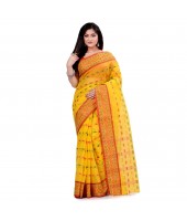 dB DESH BIDESH Women`s Traditional Bengal Tant Woven Haldi Chaturanga Design Pure Handloom Cotton Saree Without Blouse Piece (Yellow Red)