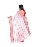 dB DESH BIDESH Women`s Traditional Bengal Tant Woven Lal Paar Sada Design Pure Handloom Cotton Saree Without Blouse Piece (Red White)