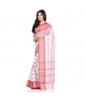 dB DESH BIDESH Women`s Traditional Bengal Tant Woven Lal Paar Sada Design Pure Handloom Cotton Saree Without Blouse Piece (Red White)