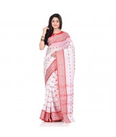 dB DESH BIDESH Women`s Traditional Bengal Tant Woven Lal Paar Sada Design Pure Handloom Cotton Saree Without Blouse Piece (Red White)