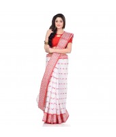 dB DESH BIDESH Women`s Traditional Bengal Tant Woven Lal Paar Sada Design Pure Handloom Cotton Saree Without Blouse Piece (Red White)