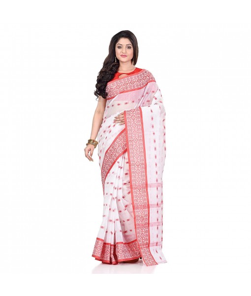 dB DESH BIDESH Women`s Traditional Bengal Tant Woven Lal Paar Sada Design Pure Handloom Cotton Saree Without Blouse Piece (Red White)