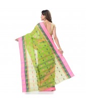 dB DESH BIDESH Women`s Traditional Bengal Tant Woven Lotus Kolka Design Pure Cotton Handloom Saree Without Blouse Piece Green Pink