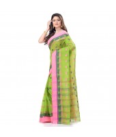 dB DESH BIDESH Women`s Traditional Bengal Tant Woven Lotus Kolka Design Pure Cotton Handloom Saree Without Blouse Piece Green Pink