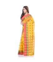 dB DESH BIDESH Women`s Traditional Bengal Tant Woven Lotus Kolka Design Pure Cotton Handloom Saree Without Blouse Piece Yellow