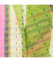 dB DESH BIDESH Women`s Traditional Bengal Tant Woven Lotus Kolka Design Pure Cotton Handloom Saree Without Blouse Piece Green Pink