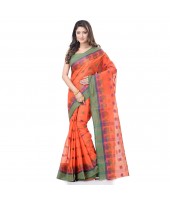 dB DESH BIDESH Women`s Traditional Bengal Tant Woven Lotus Kolka Design Pure Cotton Handloom Saree Without Blouse Piece Orange