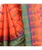 dB DESH BIDESH Women`s Traditional Bengal Tant Woven Lotus Kolka Design Pure Cotton Handloom Saree Without Blouse Piece Orange