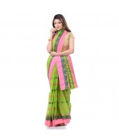 dB DESH BIDESH Women`s Traditional Bengal Tant Woven Lotus Kolka Design Pure Cotton Handloom Saree Without Blouse Piece Green Pink