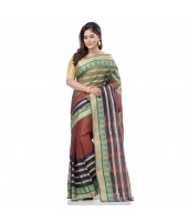 dB DESH BIDESH Women`s Traditional Bengali 3D Temple Design Pure Handloom Cotton Saree Without Blouse Piece (Brown