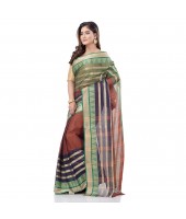 dB DESH BIDESH Women`s Traditional Bengali 3D Temple Design Pure Handloom Cotton Saree Without Blouse Piece (Brown