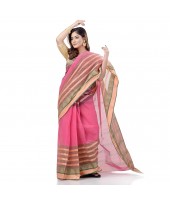 dB DESH BIDESH Women`s Traditional Bengali 3D Temple Design Pure Handloom Cotton Saree Without Blouse Piece (Pink)