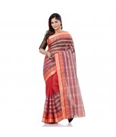 dB DESH BIDESH Women`s Traditional Bengali 3D Temple Design Pure Handloom Cotton Saree Without Blouse Piece (Red Blue)