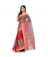 dB DESH BIDESH Women`s Traditional Bengali 3D Temple Design Pure Handloom Cotton Saree Without Blouse Piece (Red Blue)