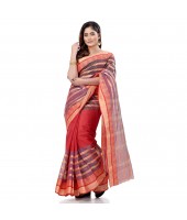 dB DESH BIDESH Women`s Traditional Bengali 3D Temple Design Pure Handloom Cotton Saree Without Blouse Piece (Red Blue)