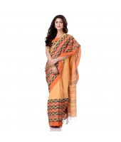 Bengal Soft Cotton Women`s Traditional Bengali Chakra Begampuri Pure Handloom Cotton Saree With Blouse Piece yellow