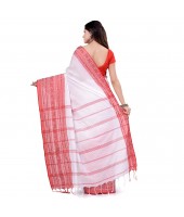 dB DESH BIDESH Women`s Traditional Bengali Flower Design Bengamuri Pure Handloom Cotton Saree With Blouse Piece White Red