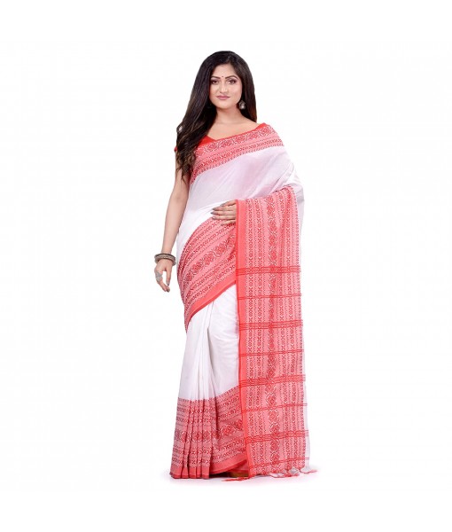 dB DESH BIDESH Women`s Traditional Bengali Flower Design Bengamuri Pure Handloom Cotton Saree With Blouse Piece White Red