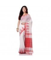 Women`s Traditional Bengali Handloom Tant Pure Cotton Saree Khadi Temple Par Desigined With Blouse Piece White Red