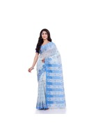 Women`s Traditional Bengali Handloom Tant Pure Cotton Saree Khadi Kanakanjali Desigined With Blouse Piece (White Blue)