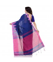 Women`s Traditional Bengali Handloom Tant Pure Cotton Saree Khadi Temple Par Desigined With Blouse Piece Blue Pink