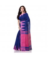 Women`s Traditional Bengali Handloom Tant Pure Cotton Saree Khadi Temple Par Desigined With Blouse Piece Blue Pink