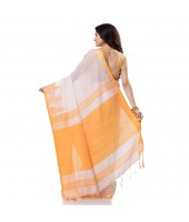 Women`s Traditional Bengali Handloom Tant Pure Cotton Saree Khadi Temple Par Desigined With Blouse Piece White Yellow