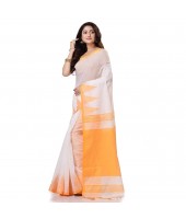 Women`s Traditional Bengali Handloom Tant Pure Cotton Saree Khadi Temple Par Desigined With Blouse Piece White Yellow