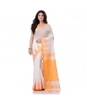 Women`s Traditional Bengali Handloom Tant Pure Cotton Saree Khadi Temple Par Desigined With Blouse Piece White Yellow