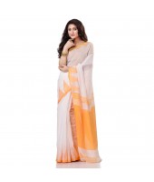 Women`s Traditional Bengali Handloom Tant Pure Cotton Saree Khadi Temple Par Desigined With Blouse Piece White Yellow