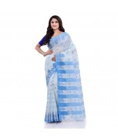 Women`s Traditional Bengali Handloom Tant Pure Cotton Saree Khadi Kanakanjali Desigined With Blouse Piece (White Blue)