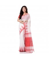 Women`s Traditional Bengali Handloom Tant Pure Cotton Saree Khadi Temple Par Desigined With Blouse Piece White Red