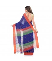 Women's Traditional Bengali Soft Tant Handloom Cotton Saree with Blouse Piece (Blue, Orange and Green)