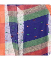 Women's Traditional Bengali Soft Tant Handloom Cotton Saree with Blouse Piece (Blue, Orange and Green)