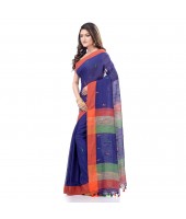 Women's Traditional Bengali Soft Tant Handloom Cotton Saree with Blouse Piece (Blue, Orange and Green)