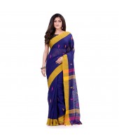 dB DESH BIDESH Women`s Traditional Bengali Tant Handloom Cotton Saree Prism Desigined With Blouse Piece (Deep Blue)