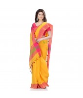 dB DESH BIDESH Women`s Traditional Bengali Tant Handloom Cotton Saree Prism Desigined With Blouse Piece (Yellow Pink)