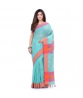 dB DESH BIDESH Women`s Traditional Bengali Tant Handloom Cotton Saree Prism Desigined With Blouse Piece (Blue Orange)